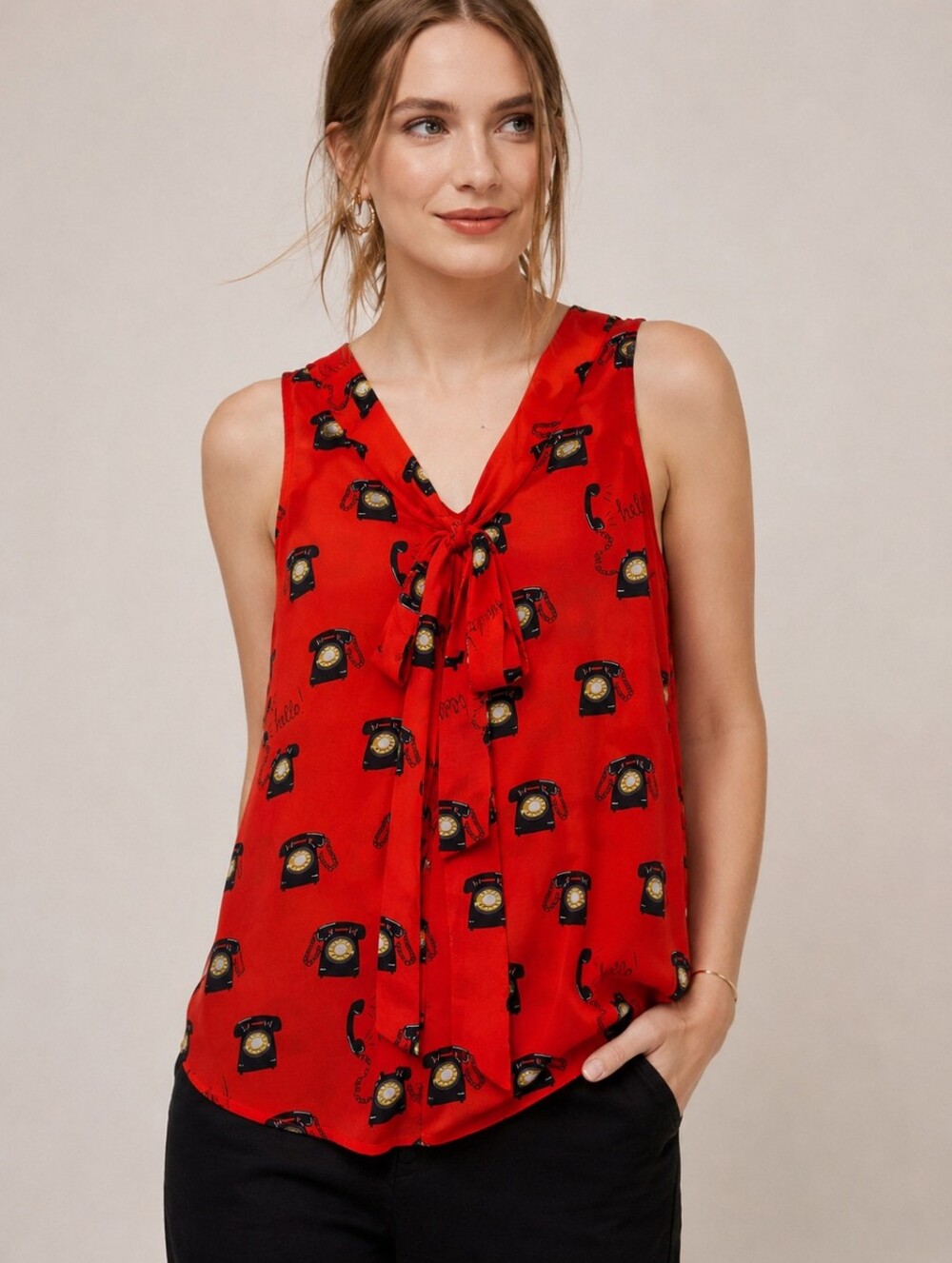 Maeve Anthropologie Silk "Hello Telephone" Print Sleeveless Blouse Top Size 4